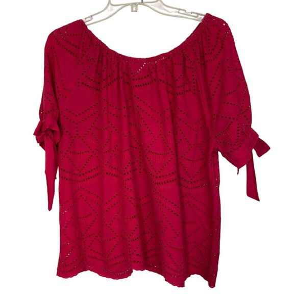 Sundance Women's Hot Pink Eyelet Blouse with Tie Sleeves Peasant Cottagecore - Picture 2 of 8